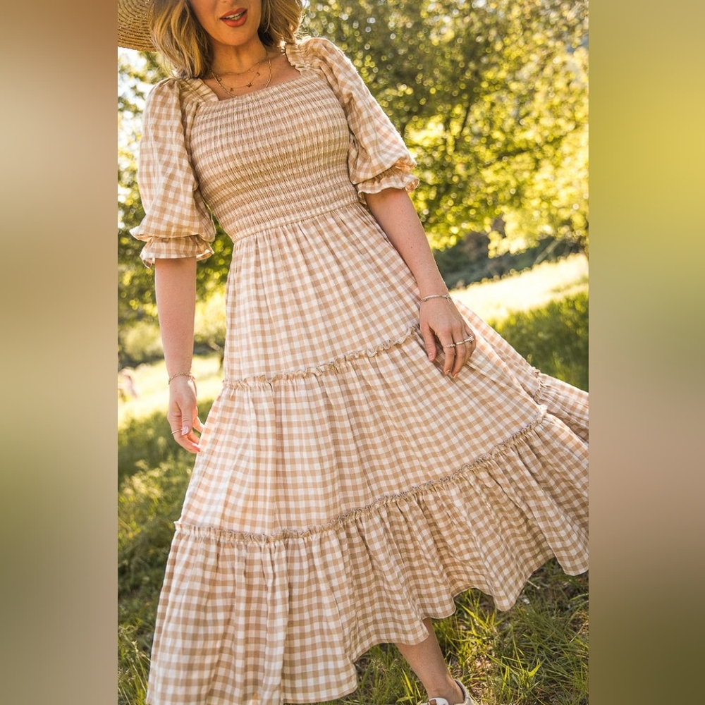 Madeline Dress in Tan Gingham
